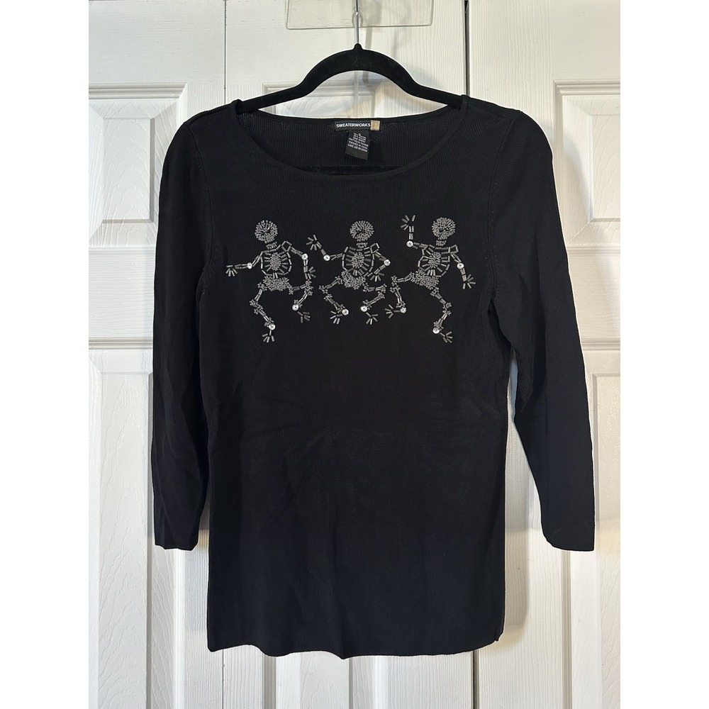 Sweaterworks Women S Black Beaded Dancing Skeleton Halloween Spooky